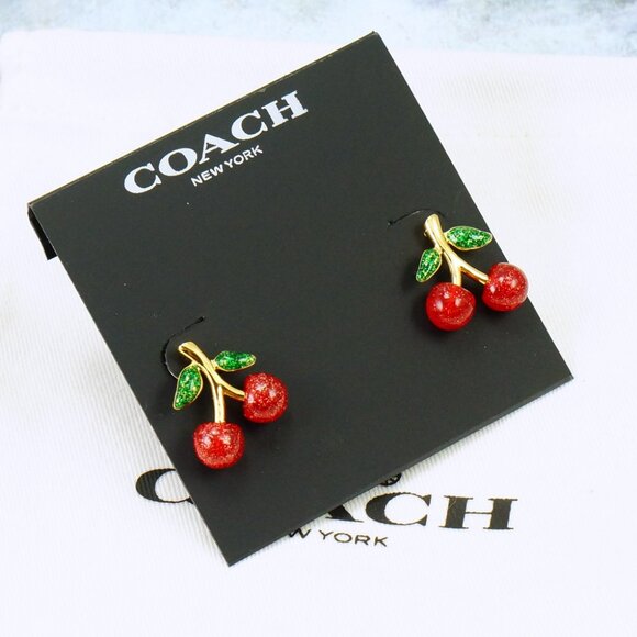 Coach Red Glitter Cherry Stud Earrings Gold Plated - Picture 3 of 6